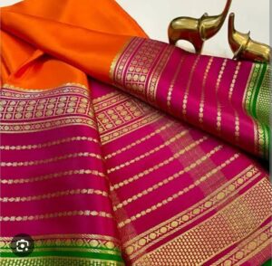 KSIC Mysore silk Multi Colour patters saree in orange, pink and gree colour with rich golden Zari 